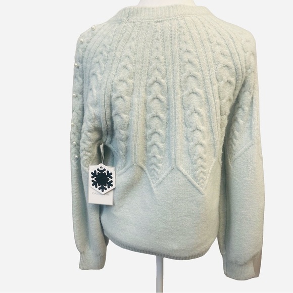 NWT PEARL BEADED CABLE KNIT SWEATER Mint Green Quiet Luxury Old Money Coquette - Picture 3 of 5